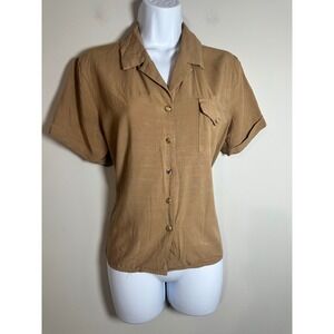 Simple Retro Women S Brown Short Sleeve Button Down Utility Pocket Shirt